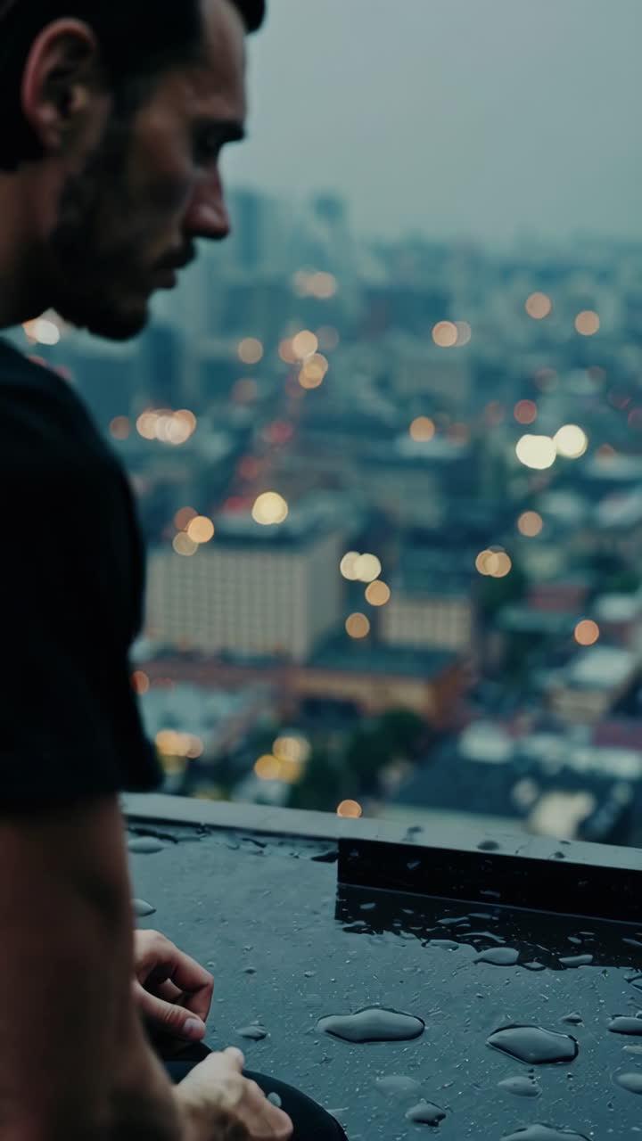 Man looking at city view at night