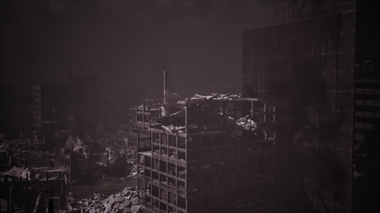 폐허가 된 도시 풍경에서 건물과 잔해가 무너지는 파괴