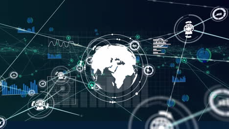 Animation-of-globe,-connections-and-financial-data-processing-over-dark-background