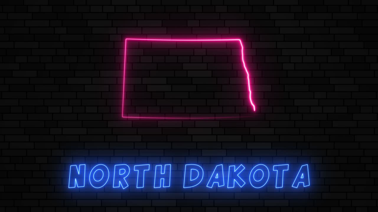 State of North Dakota map silhouette with neon line on a dark brick wall background