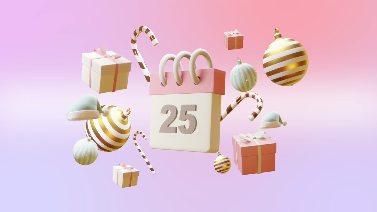 animación del calendario con el número 25 y decoraciones de navidad sobre fondo rosa