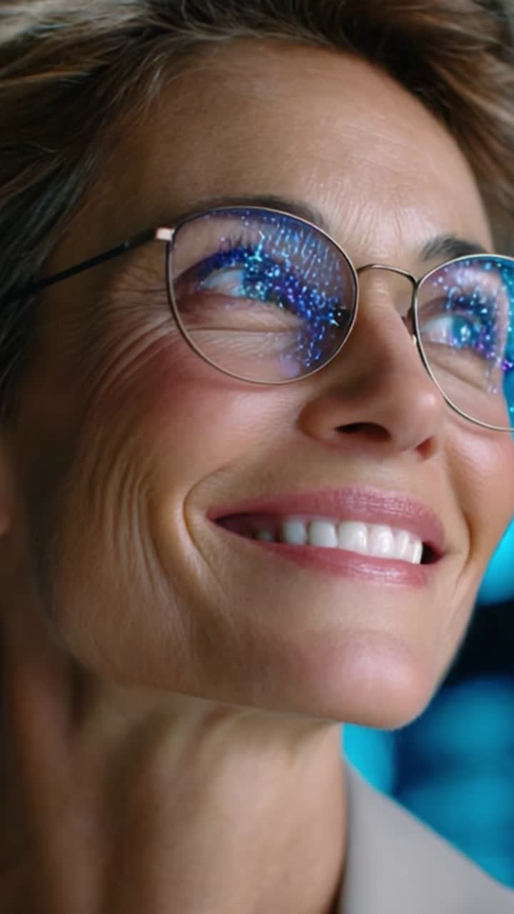 Una donna con gli occhiali mostra un'espressione gioiosa, che riflette vivaci modelli digitali, illuminata da una luce blu brillante, incarnando positività e meraviglia nella tecnologia