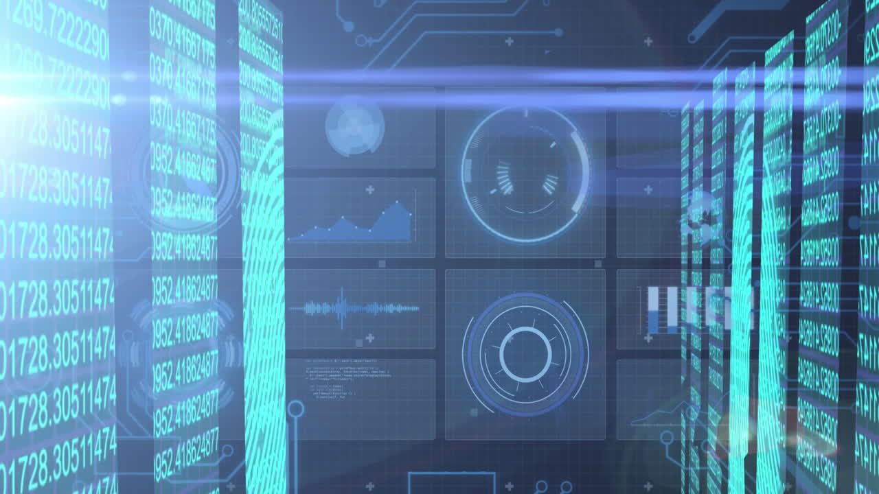 Animation of data processing with scope scanning on black background
