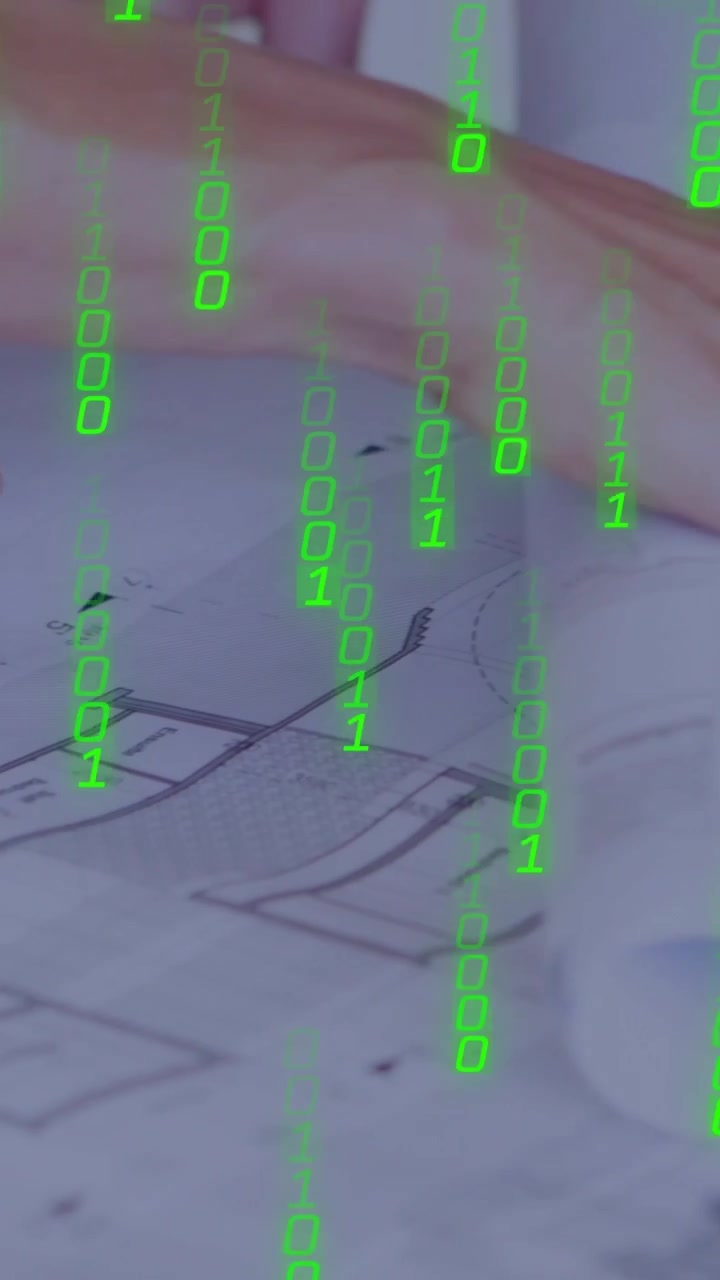 Vertical video: Binary overlay showing as hands rolling plans, tracing and marking plan for review