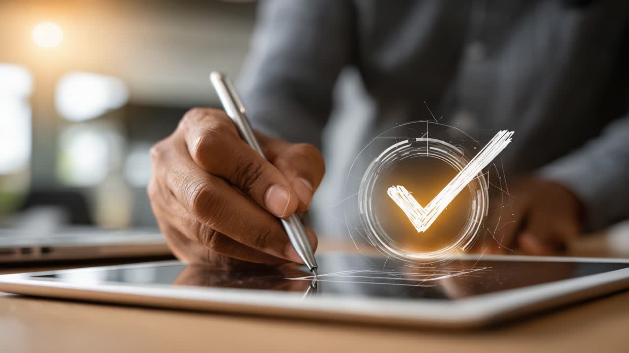 Digital Confirmation: A Hand Holding a Stylus on a Tablet Screen with a Vibrant Checkmark Graphic Indicating Success and Completion in a Modern Workspace