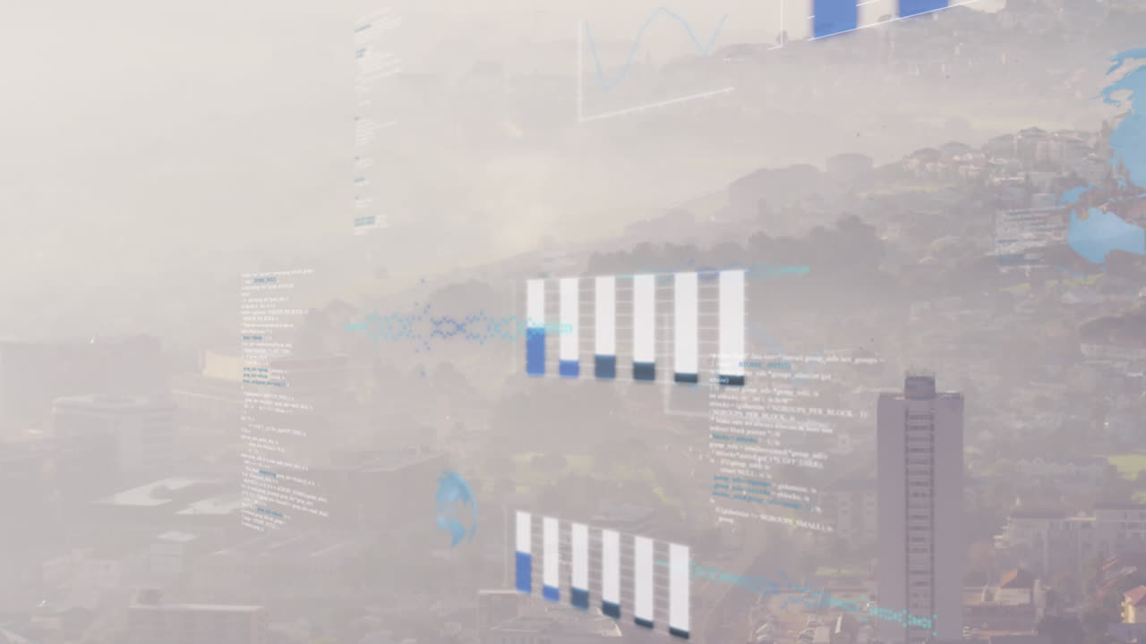 도시 풍경 위의 금융 데이터 처리 애니메이션