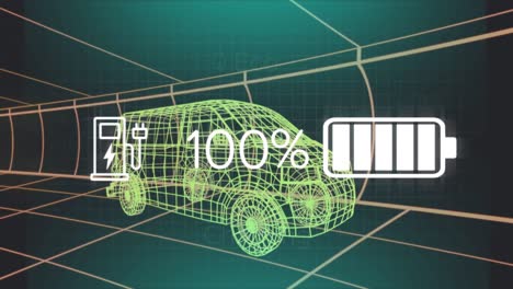 Animación-De-Datos-De-Estado-De-Carga-En-La-Interfaz-Del-Vehículo-Eléctrico,-Sobre-Un-Modelo-De-Furgoneta-3D.