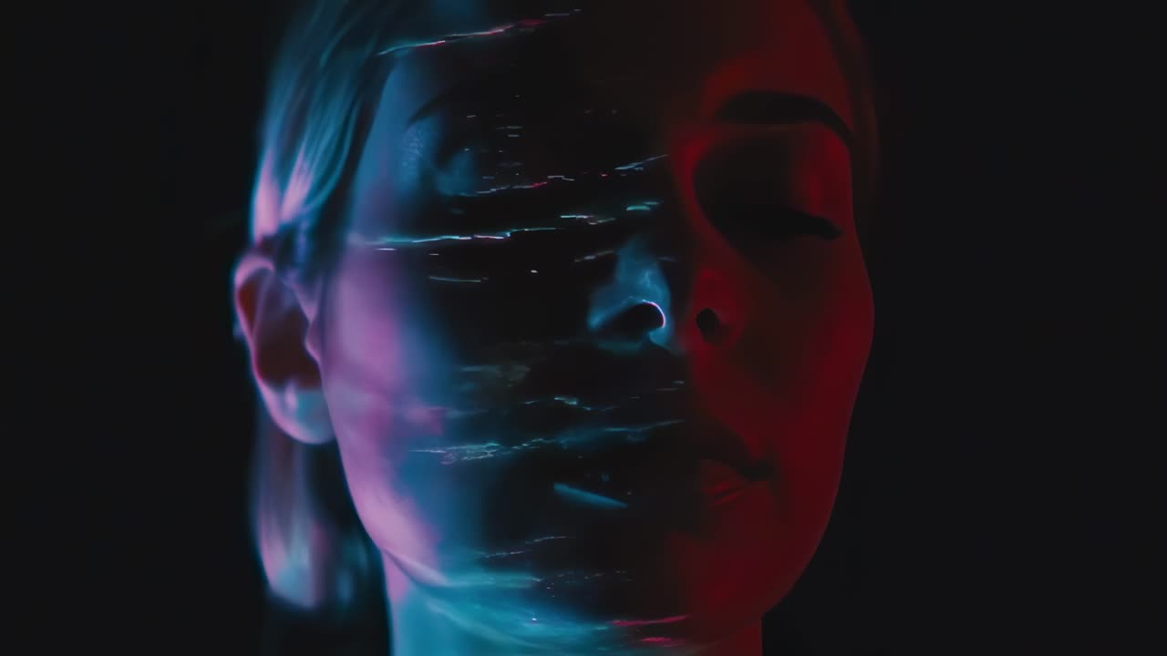 Illuminating female portrait through dynamic light painting technique, transforming facial features with shifting colorful patterns in shadowy studio environment