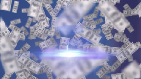 animation of dollar bills rising, with moving beam of light on dark blue background