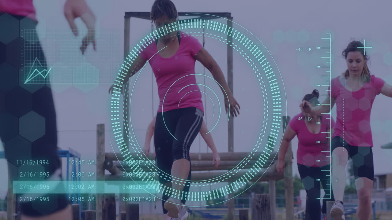 animación del procesamiento de datos sobre mujeres diversas en la carrera de obstáculos.