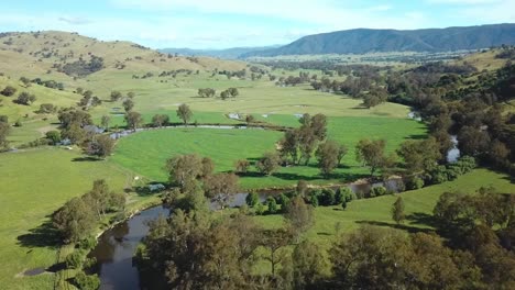 drone view looking upstream along the meanering mitta mitta river at pigs point near tallangatta south, in north-east victoria, australia