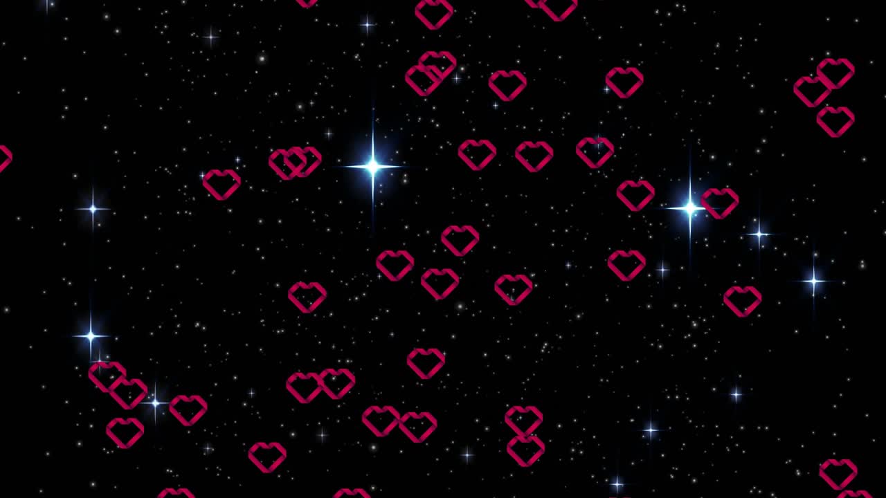 At start red heart outlines rising, clustering dispersing to show buildup and fade over star field