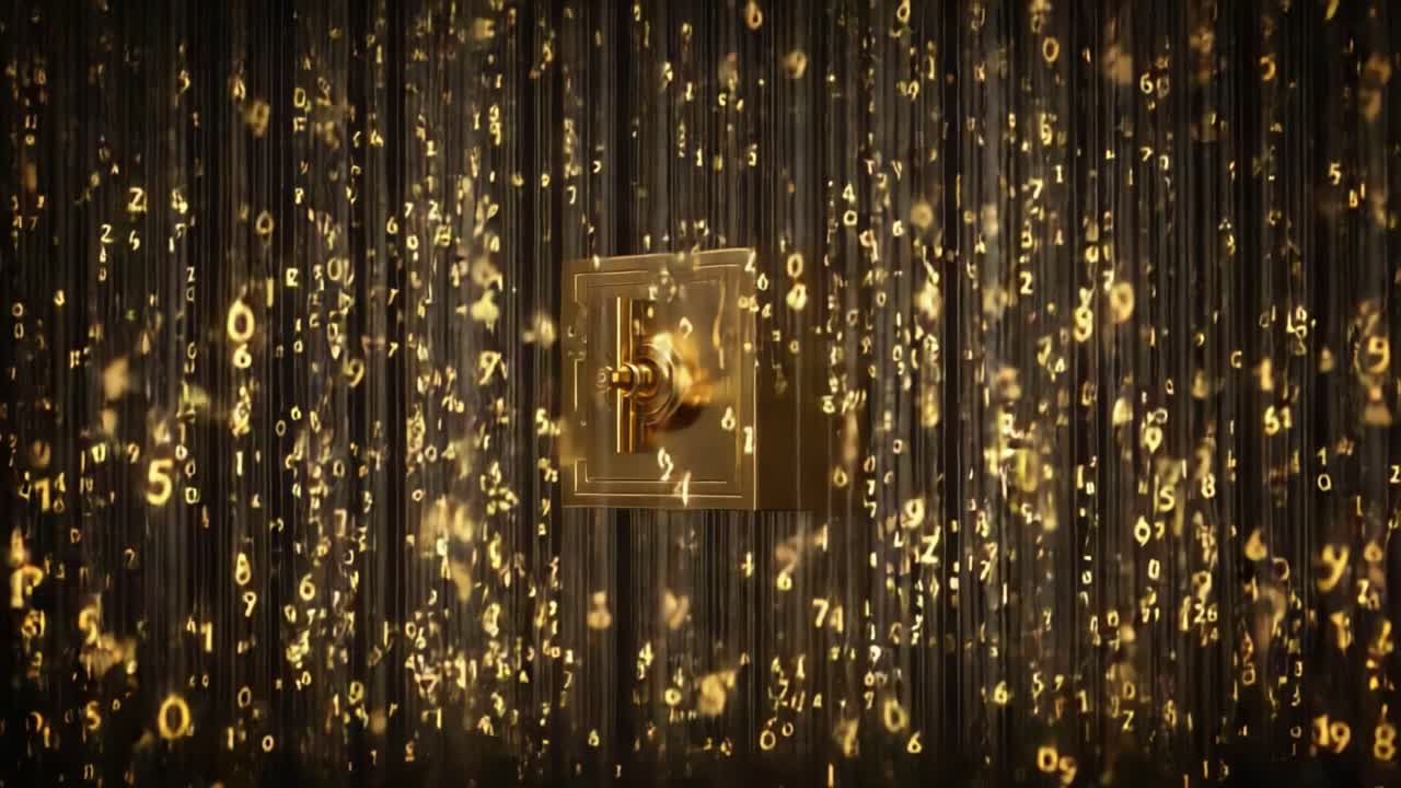 Golden safe floating through a digital rain of glowing numbers on a dark background, representing concepts of financial security, data protection, digital banking, and online safety