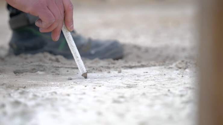 Worker's Hand Drawing Line Marking On The Ground With Pencil