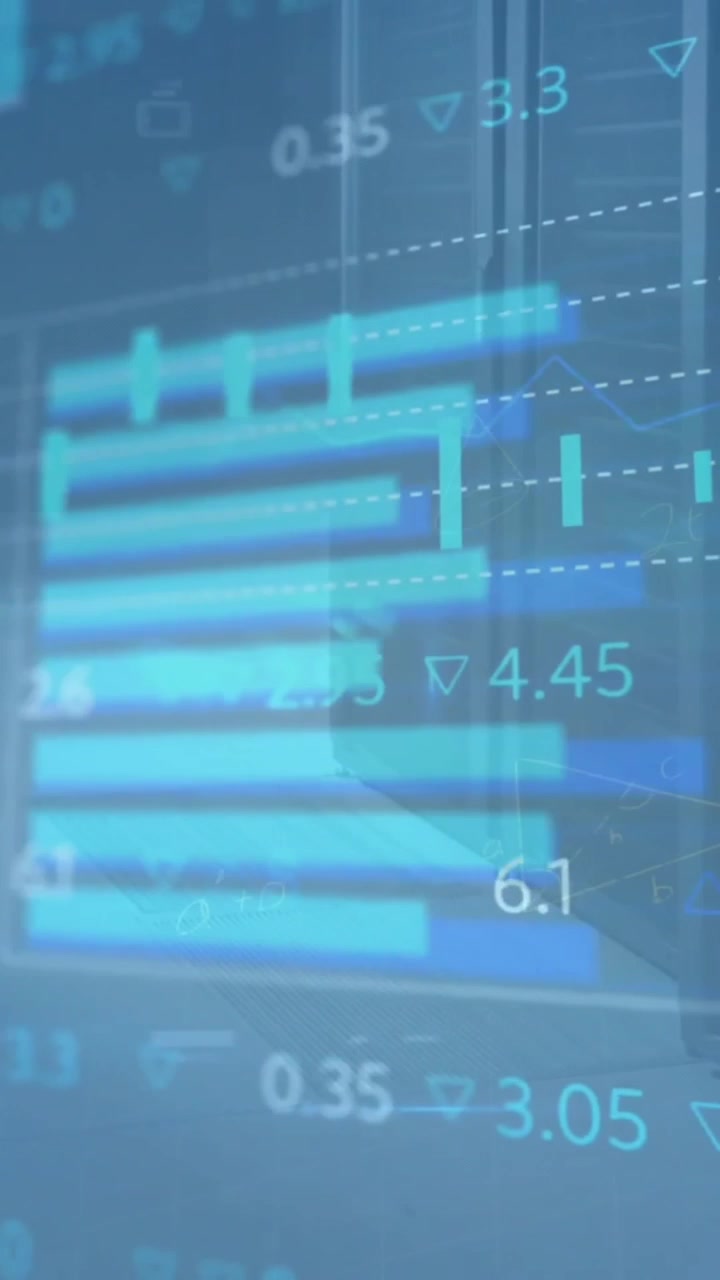 Animation of financial data processing over blue background