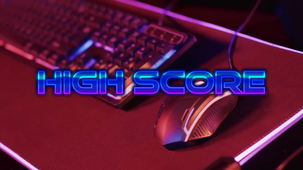 Animation of high score text, video game keyboard and mouse on neon background