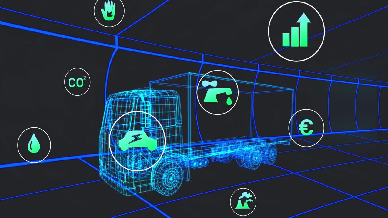 animación de múltiples iconos digitales sobre un modelo de camión 3d que se mueve en un patrón sin costuras en un túnel