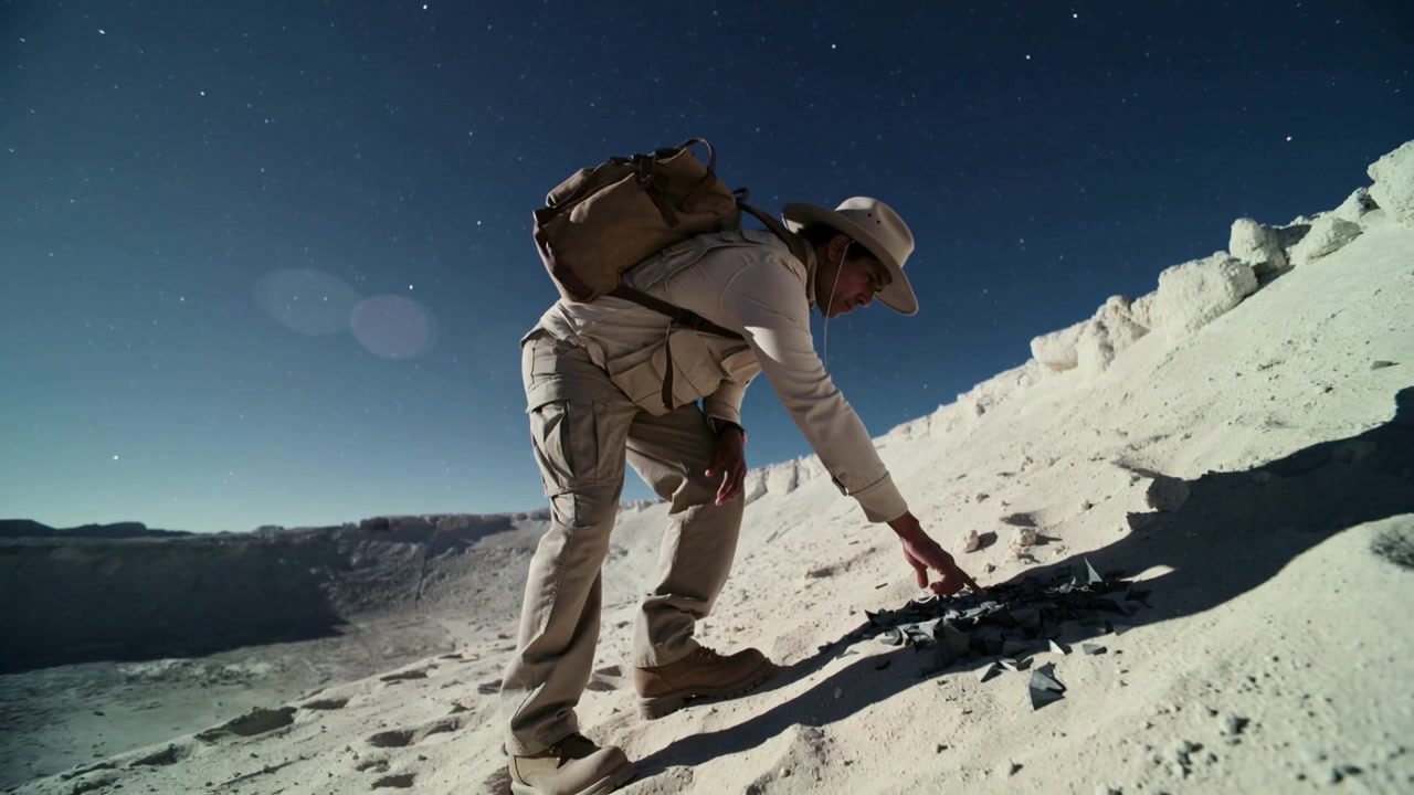 Spotting dark fragments, man wearing hat and tan backpack stooping, inspecting debris on crater rim
