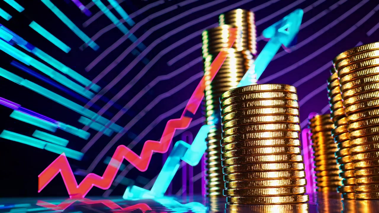 Concetto di crescita finanziaria con pile di monete d'oro e frecce in aumento
