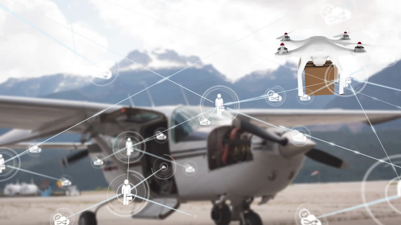 패키지와 함께 배달 드론을 통해 아이콘과 연결 네트워크의 애니메이션