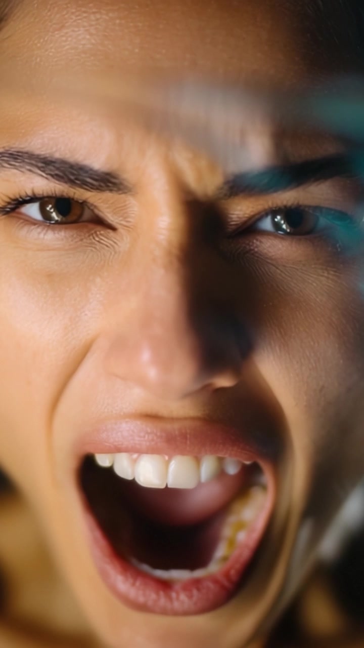 Espressione Intensa: Catturare l'emozione pura di rabbia e frustrazione in un primo piano del volto di una donna durante un potente momento di indignazione.