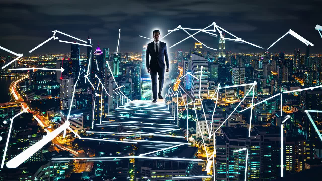 Uomo d'affari che cammina lungo un percorso cittadino futuristico