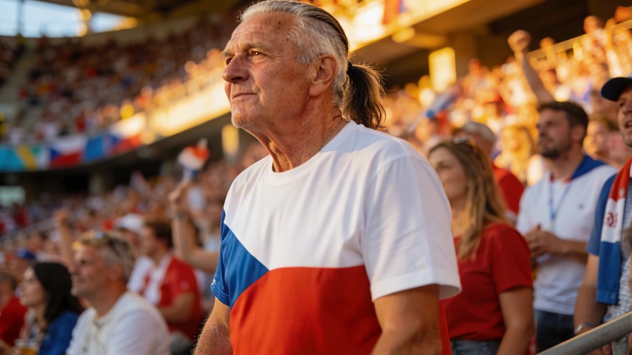 Roepende oudere man in wit, rood en blauw T-shirt bij de stadionreling, reagerend op het spel op het veld, blik neerslaand