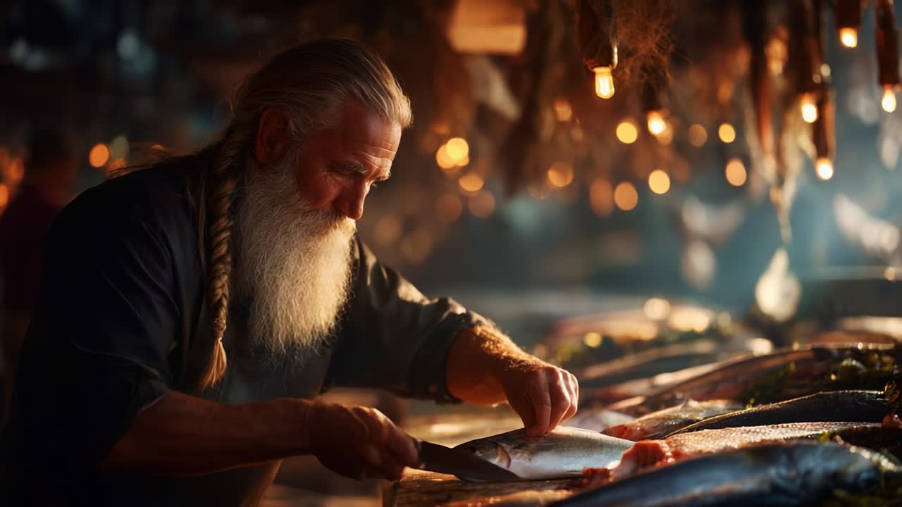 A skilled artisan expertly prepares fresh fish in a rustic market, showcasing traditional techniques amidst a warm glow of hanging lights that highlight the vibrant colors of the seafood