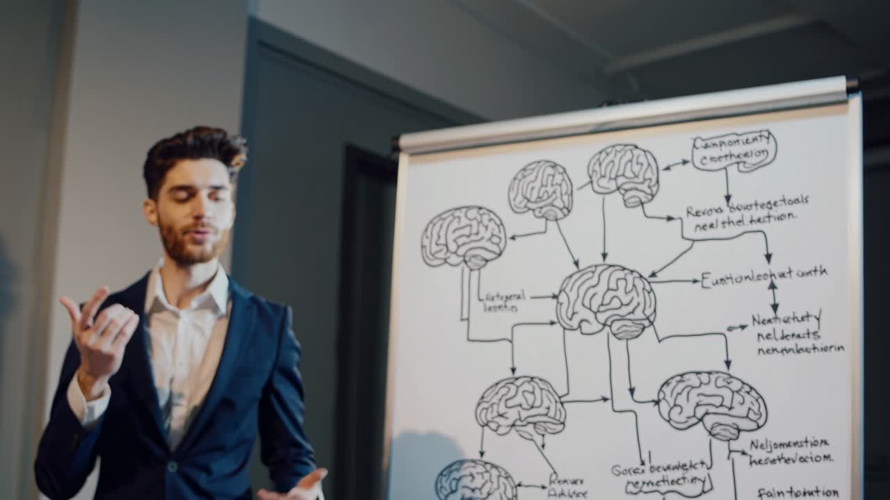 A man in a suit presents a diagram of brains on a whiteboard. The video is shot from a mid-angle
