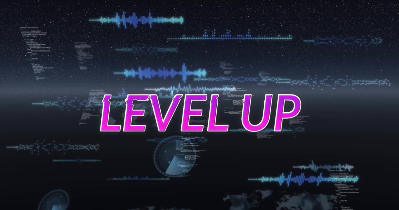 Animation of level up text and data processing on black background