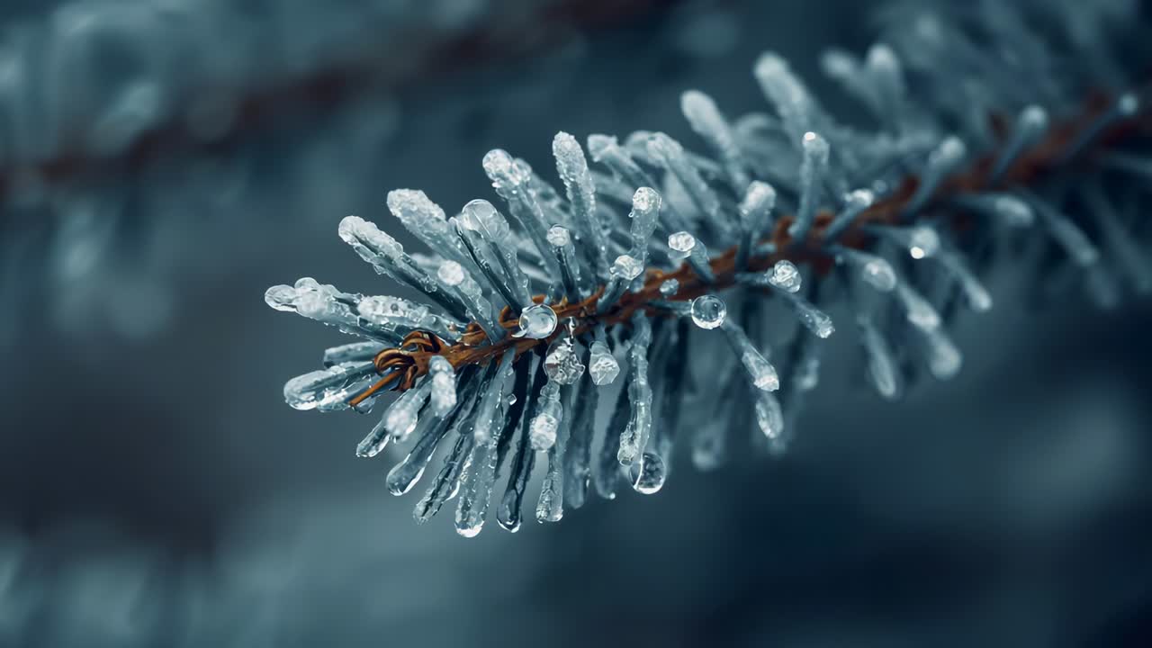 Shifting camera focus revealing frosted conifer twig at forest edge, showing glistening droplets