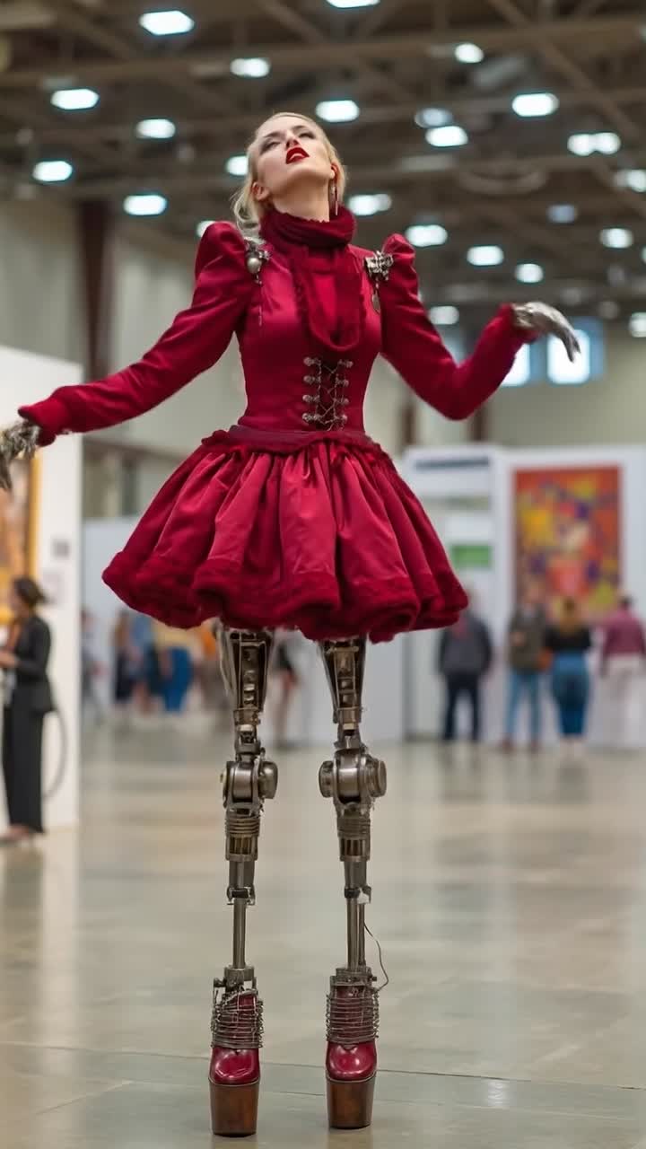 Žena kyborg v červených šatech ve viktoriánském stylu s mechanickýma nohama pózuje