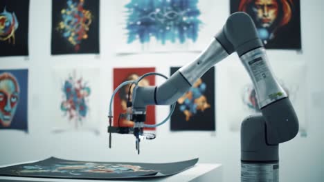 a robotic arm creating artworks in a gallery, showcasing advanced technology and innovation in modern art creation techniques and mechanisms