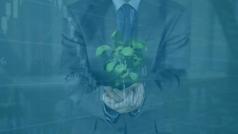 Animation-of-data-processing-over-businessman-holding-plant