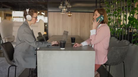 Seitenansicht-Einer-Frau-Mittleren-Alters-In-Einem-Business-Anzug-Zusammen-Mit-Ihrer-Kollegin,-Die-Am-Tisch-Sitzt-Und-In-Einem-Modernen-Büro-Arbeitet