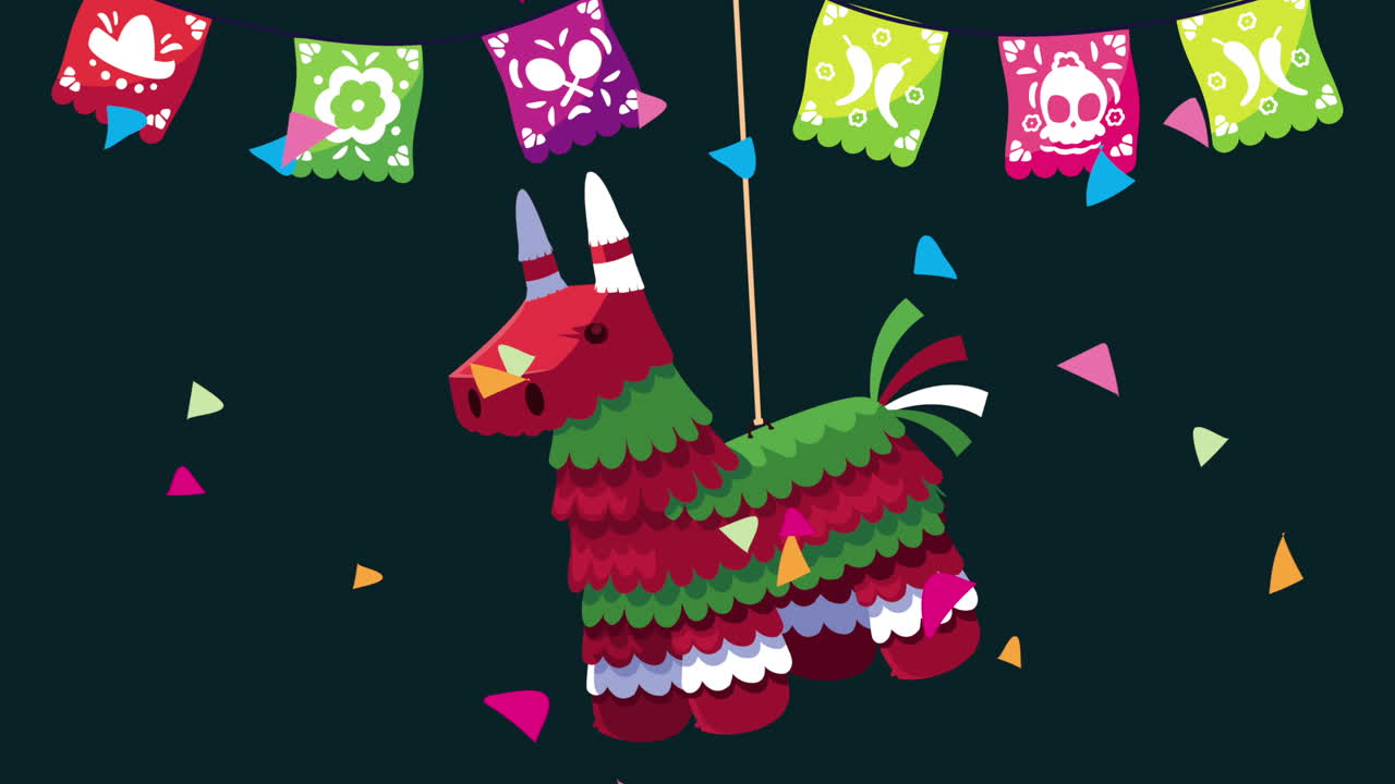 celebración mexicana con pinata y guirnaldas