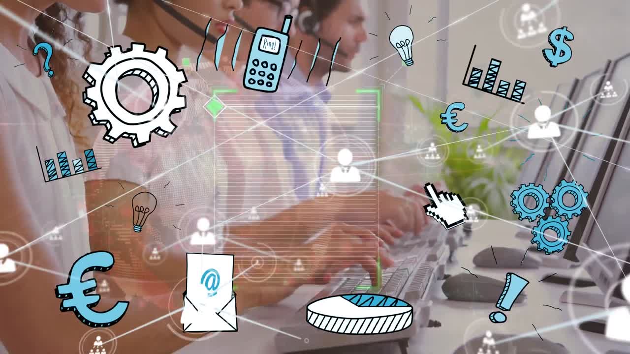animación de la red de conexiones con iconos sobre diversas personas de negocios que usan auriculares telefónicos
