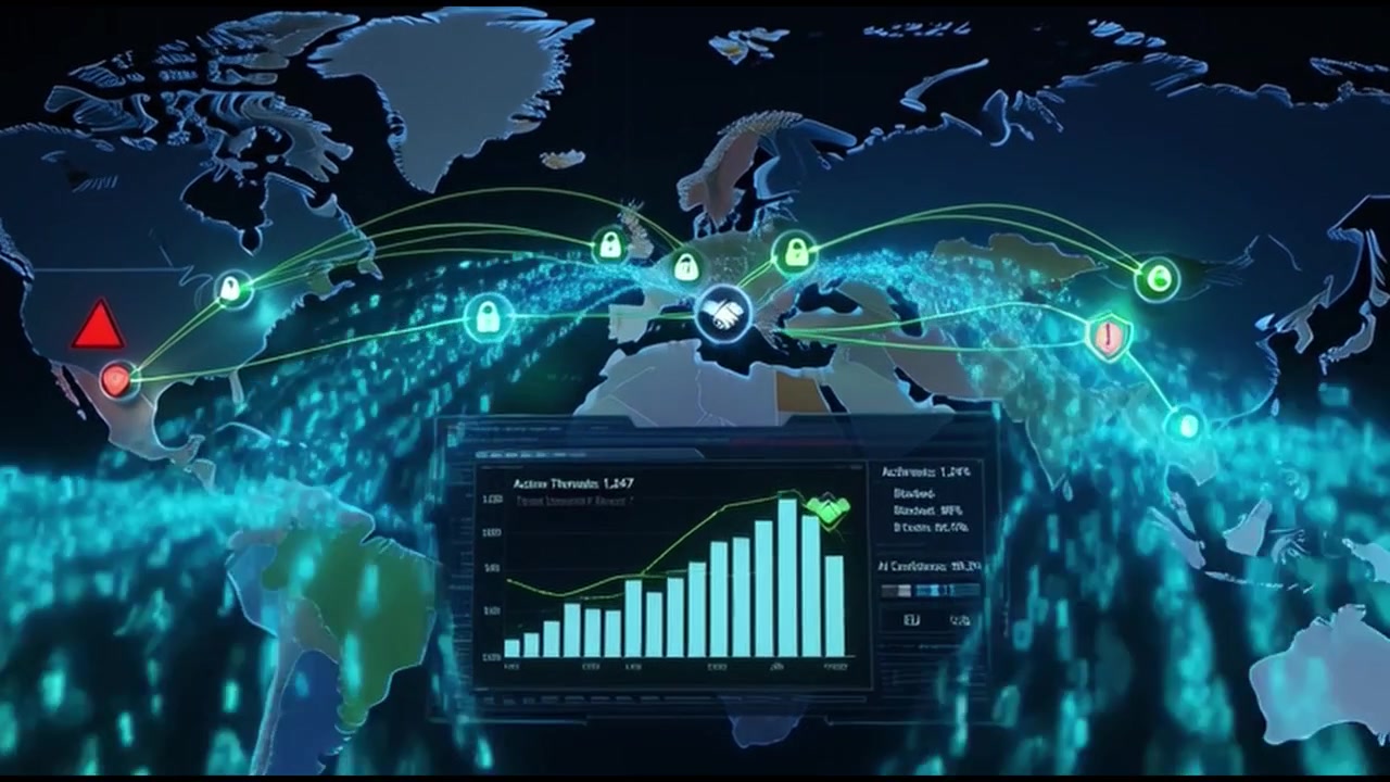 Digital World Map Displaying Global Cybersecurity Network and Data Flow
