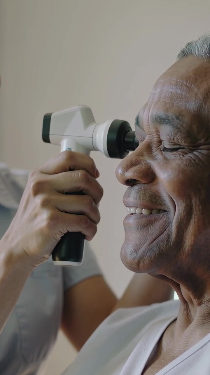 Vídeo vertical: Enfermeira com uniforme a levantar o oftalmoscópio, apontando para um paciente sentado numa cadeira para exame ocular