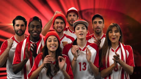 animation of diverse group of sports fans cheering over glowing red trails in background