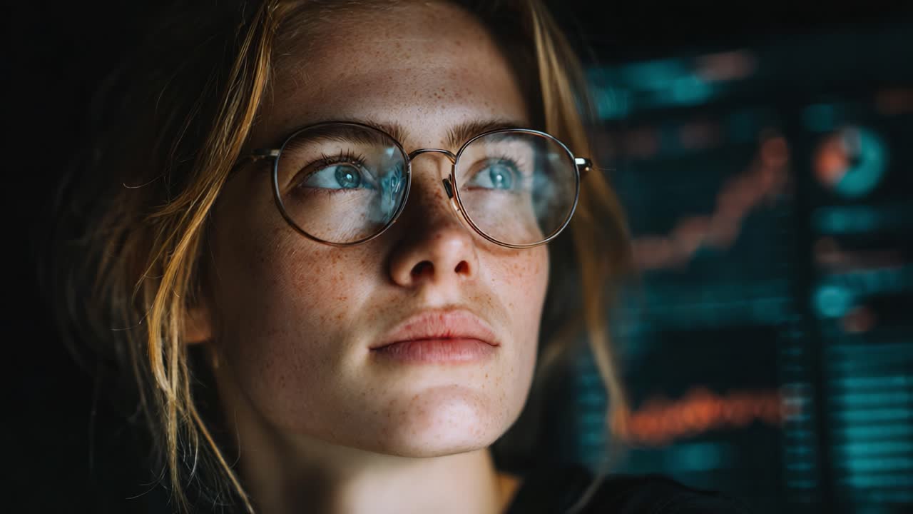 A contemplative young woman with glasses gazes thoughtfully into the distance, illuminated by the glow of digital data and analytics on a screen behind her