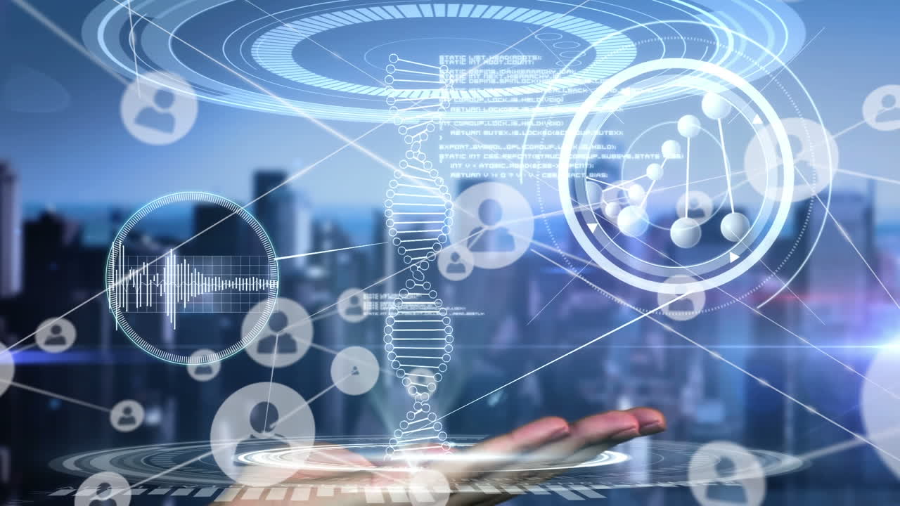 Animation of network of connections and dna strand with data processing over cityscape