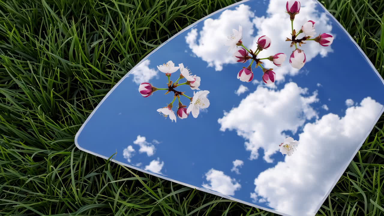 Cherry Blossoms and Sky Reflected in a Mirror on Green Grass