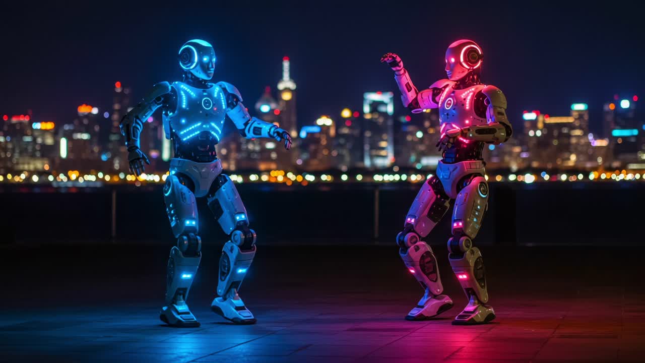 Two Futuristic Dancing Robots with Illuminated LEDs in a Cityscape at Night Showcasing Technology and Innovation in Robotics and Entertainment