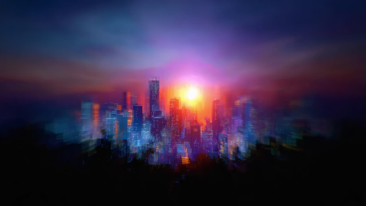 A Captivating Urban Sunset: The Vibrant Glow of an Illuminated City Skyline as the Sun Sets, Painting the Horizon with Warm Hues of Orange and Gold