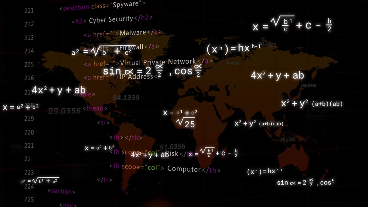 Code column appearing, formulas multiplying, clustering over stylized world map, showing cyber risk