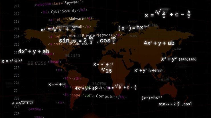Code column appearing, formulas multiplying, clustering over stylized world map, showing cyber risk
