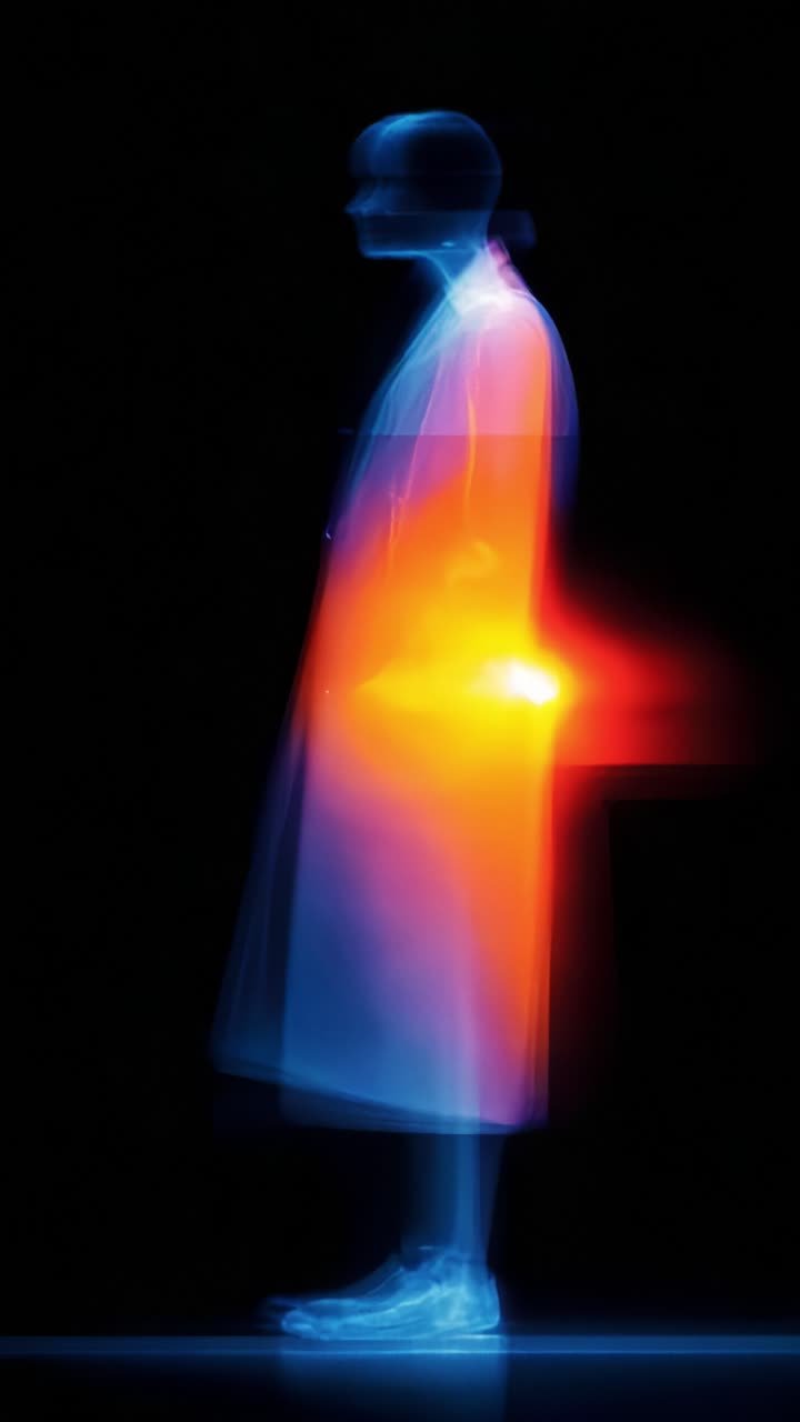 Un'accattivante rappresentazione astratta di una figura in movimento, che mette in mostra colori vivaci ed effetti eterei che ne esaltano la natura dinamica del soggetto