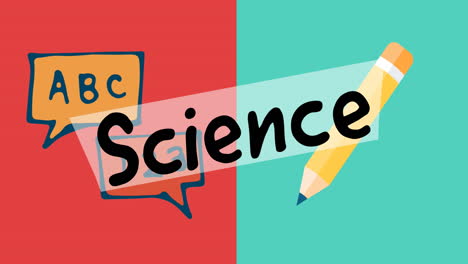 animation of science text over school items icons on green and red background