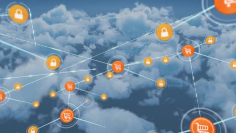 Animation-of-network-of-digital-icons-against-clouds-in-the-blue-sky